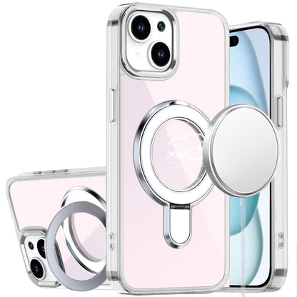 For iPhone 15 (6.1") Chrome Hybrid with Rotating Magnetic Circle Ring Stand, Slim Shockproof Hybrid Case Cover Cosmic Orange