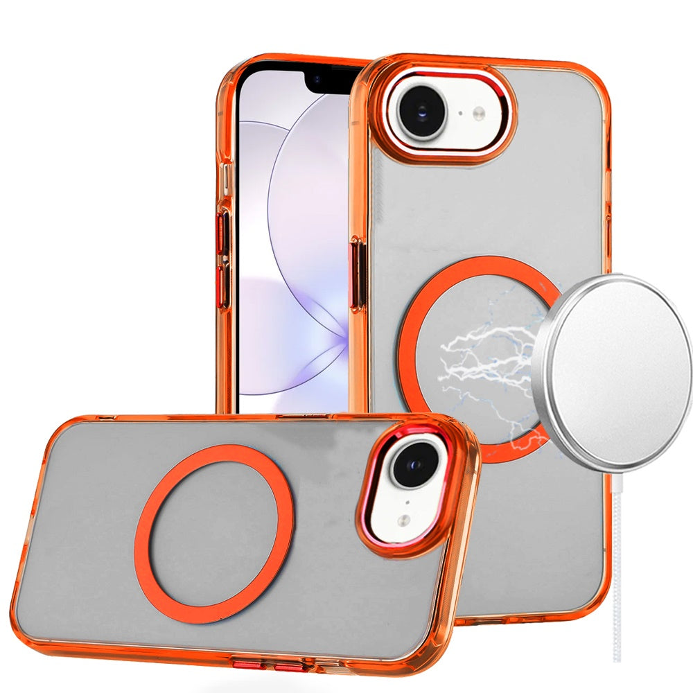 For Apple iPhone 17E /16E Transparent Back Hybrid Case - Magnetic Circle, Color Frame, Metal Buttons, MagSafe Compatible Case Cover Cosmic Orange