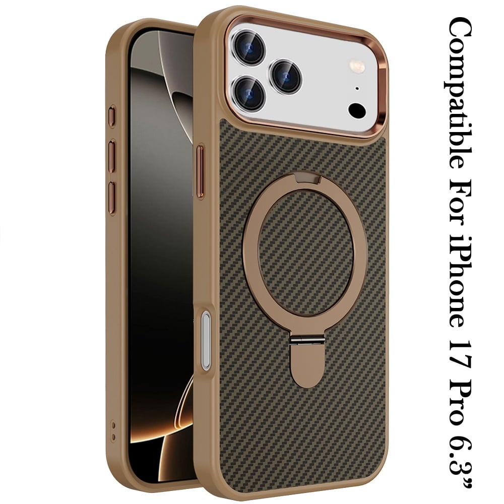 For Apple iPhone 17 Pro (6.3") Hybrid Carbon Fiber Design with MagSafe Compatible [Magnetic Circle], Ring Stand Shockproof Slim TPU Case Cover