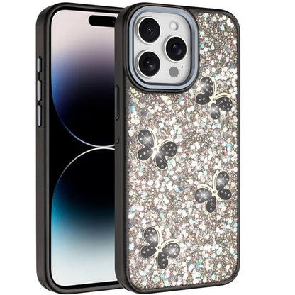 For iPhone 14 Pro Max (6.7") Cute Butterfly Crystal Diamond Glitter Case Sparkle Bling Frame Metallic Edges, Shimmer TPU Hybrid Case Cover
