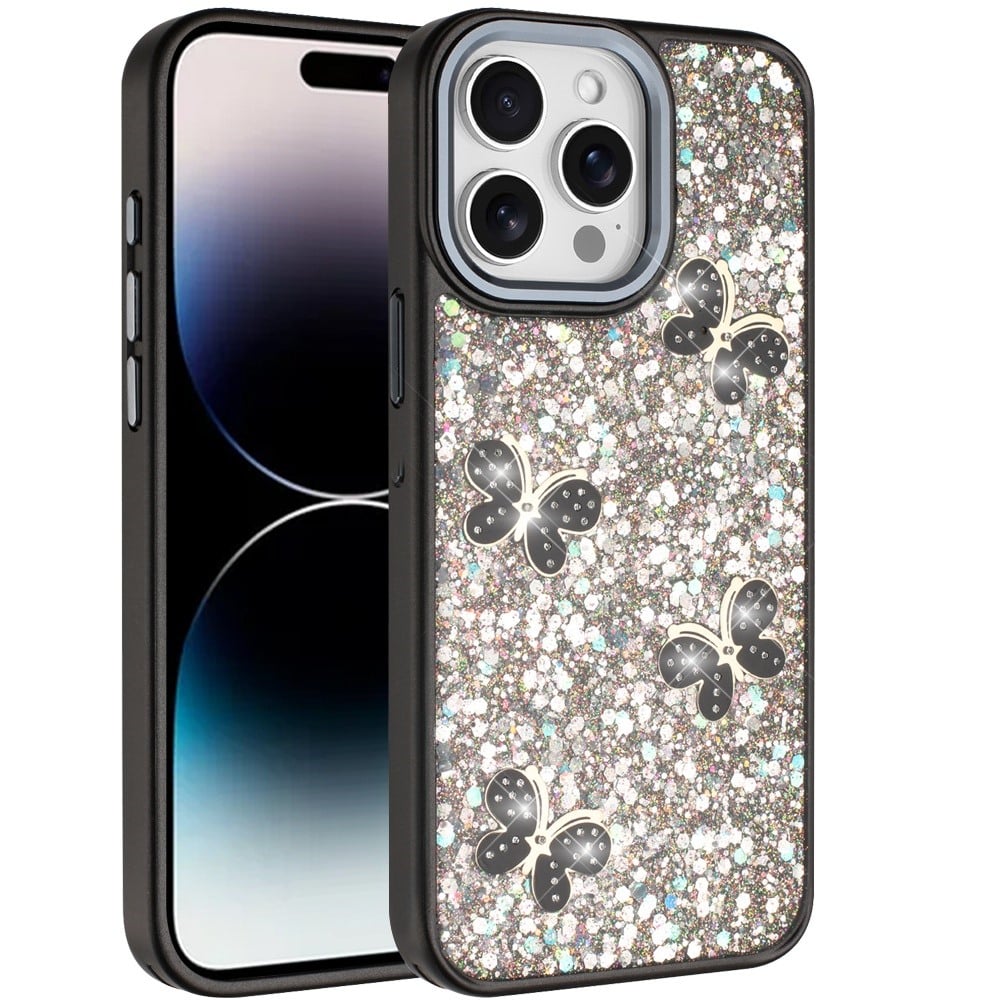 For iPhone 14 Pro Max (6.7") Cute Butterfly Crystal Diamond Glitter Case Sparkle Bling Frame Metallic Edges, Shimmer TPU Hybrid Case Cover