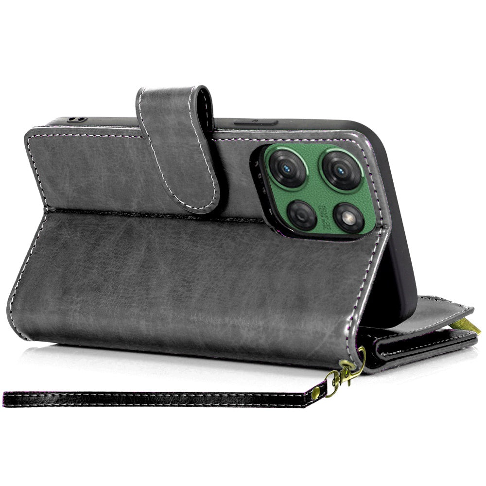 For Apple iPhone 17E /16E Leather Wallet Case with Zipper, 9 Card Slots, Cash Pocket, Stand & Strap, Clutch Pouch Design Case Cover Black