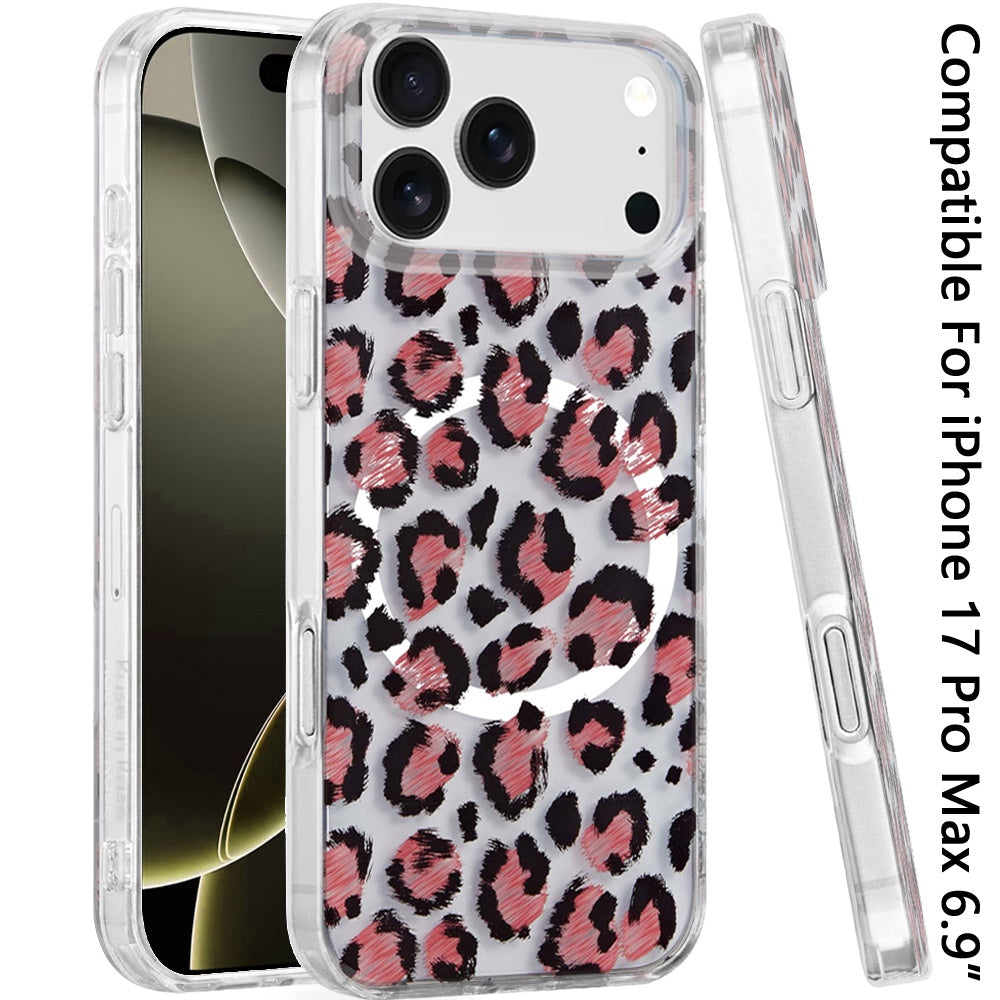 For Apple iPhone 17 Pro Max Stylish Pattern Fashion IMD Printed Design TPU Double Layer Slim Shockproof with Magnetic Back Case Cover Beauty Leopard