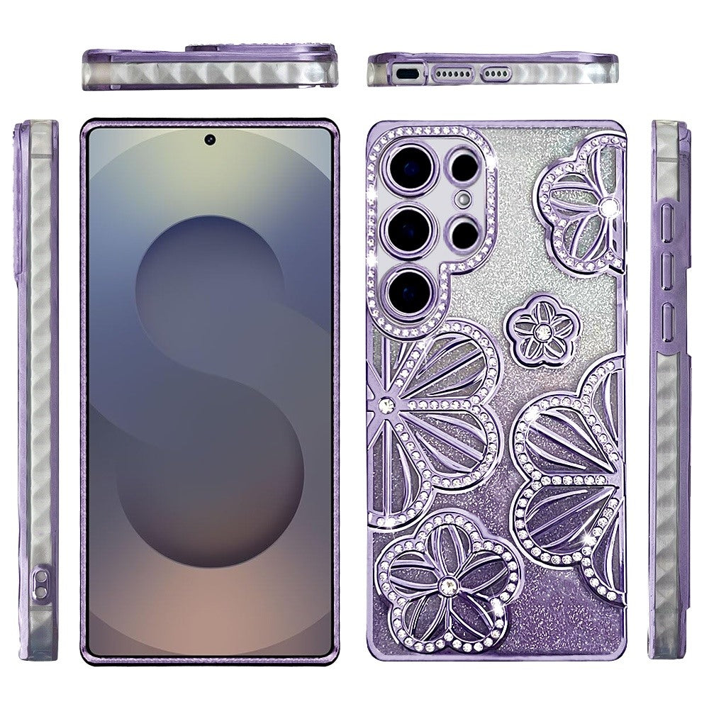 For Samsung Galaxy S25 Ultra Luxury Flower Design Sparkle Glitter Diamond Rhinestone Shimmer Bling Plating Thick TPU Hard PC Case Cover