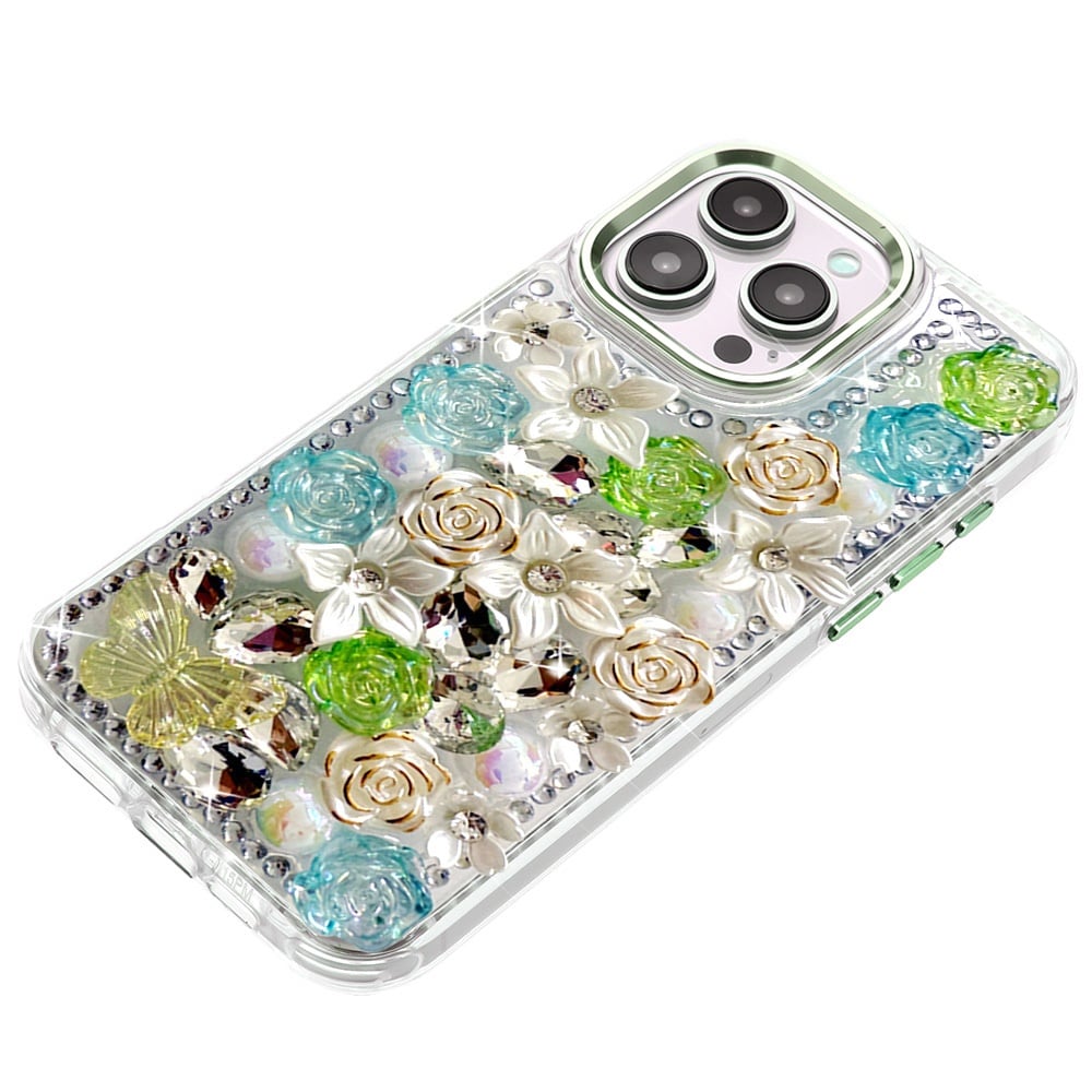 For iPhone 14 Pro Max (6.7") 3D Diamond Floral Roses Flower Bling Stone Hybrid, Sparkly Rhinestone Gemstone Back Shockproof Case Cover Green