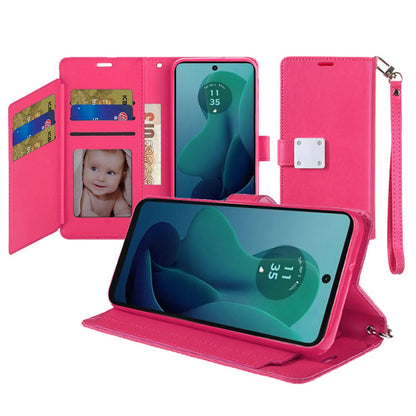 For Motorola Moto G 5G 2024 Premium Leather Wallet with Credit Card ID Slots Cash Holder, Duo Flip Pouch, Stand Function & Strap Case Cover Hotpink