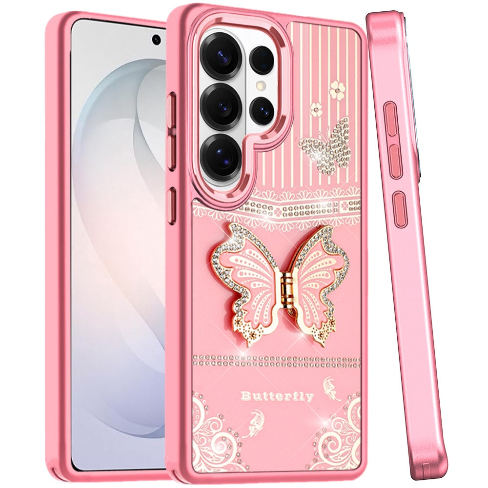 For Samsung Galaxy S26 Ultra Glitter 3D Butterfly Design Bling Metallic Edge Hybrid Stand Drop Protection TPU Shockproof Case Cover