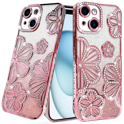 Phone Case for iPhone 15 (6.1") Shimmer Glitter Floral Thick TPU Shockproof Durable Grip Camera Protection Anti-Scratch Stylish Design Cover Rose Gold