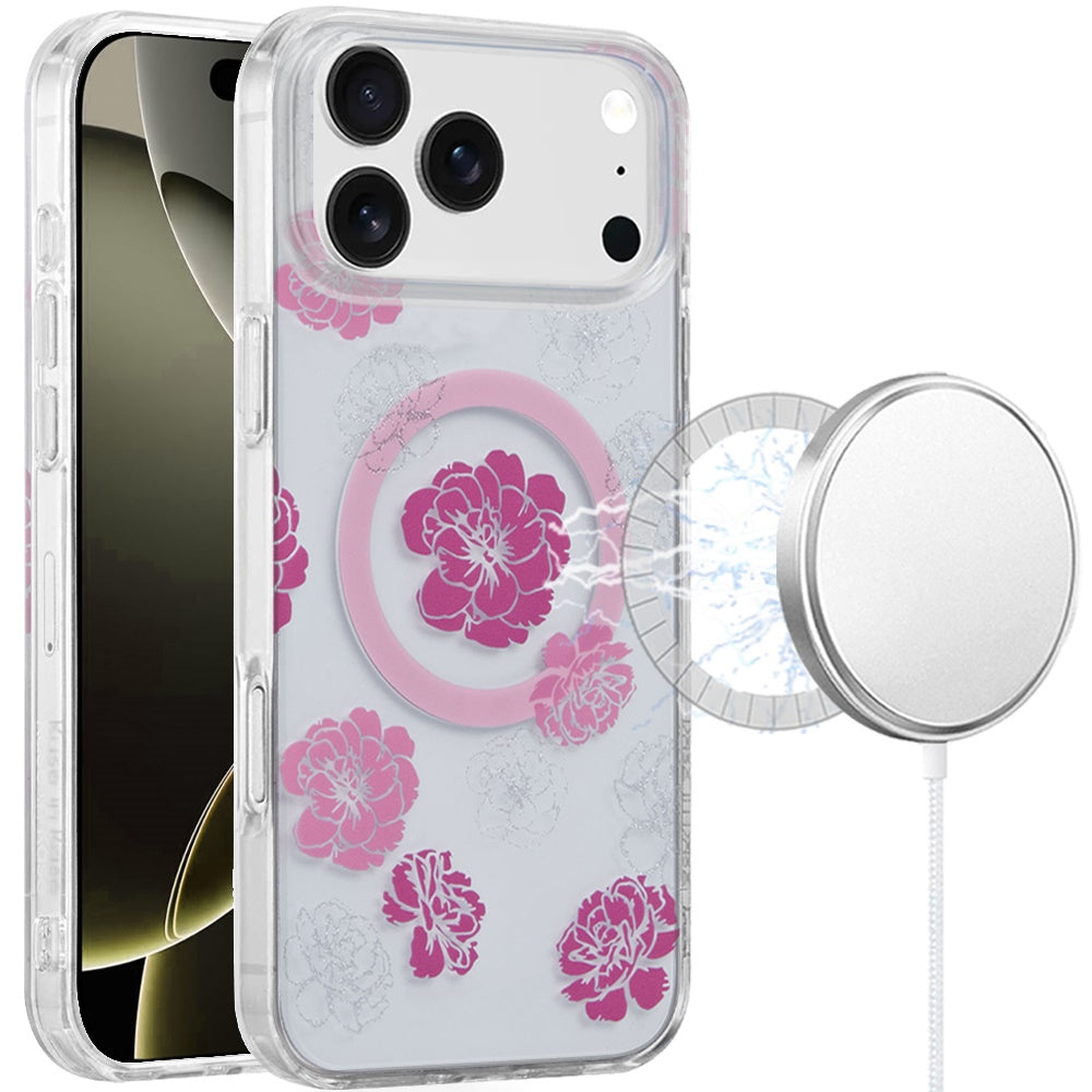 For Apple iPhone 17 Stylish Pattern Fashion IMD Printed Design TPU Double Layer Slim Shockproof with Magnetic Back Case Cover Hot Pink Flower