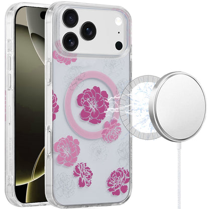 For Apple iPhone 17 Stylish Pattern Fashion IMD Printed Design TPU Double Layer Slim Shockproof with Magnetic Back Case Cover Hot Pink Flower
