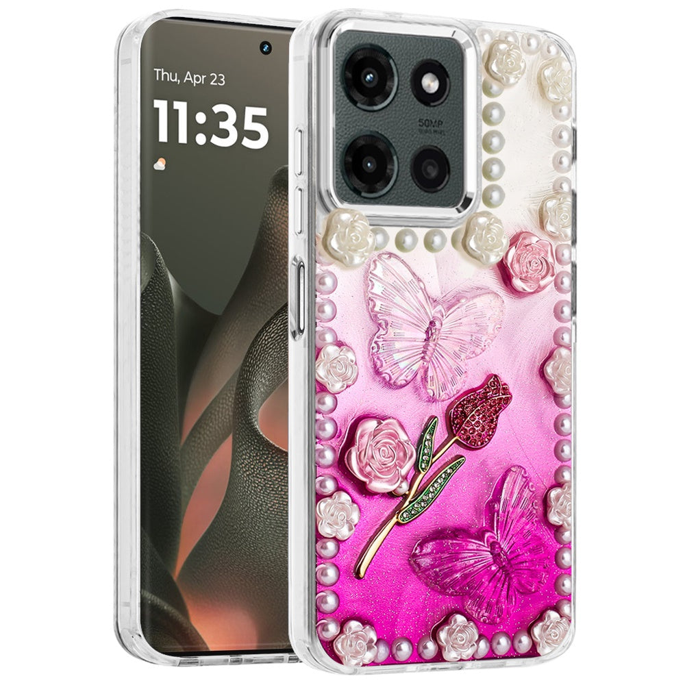 For Motorola Edge 2025 Bling Fashion Design with 3D Pearls Epoxy Glitter Ornaments Chrome Edge Hard Slim PC Case Cover