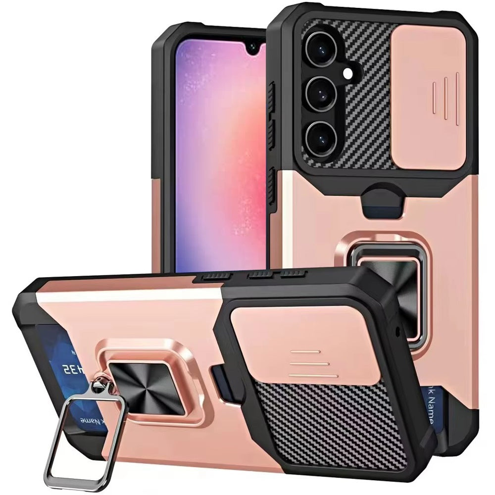 For Samsung Galaxy A26 Wallet Case with Ring Stand & Slide Camera Cover Back Credit Card Slot Holder, Military Grade Case Cover Rose Gold