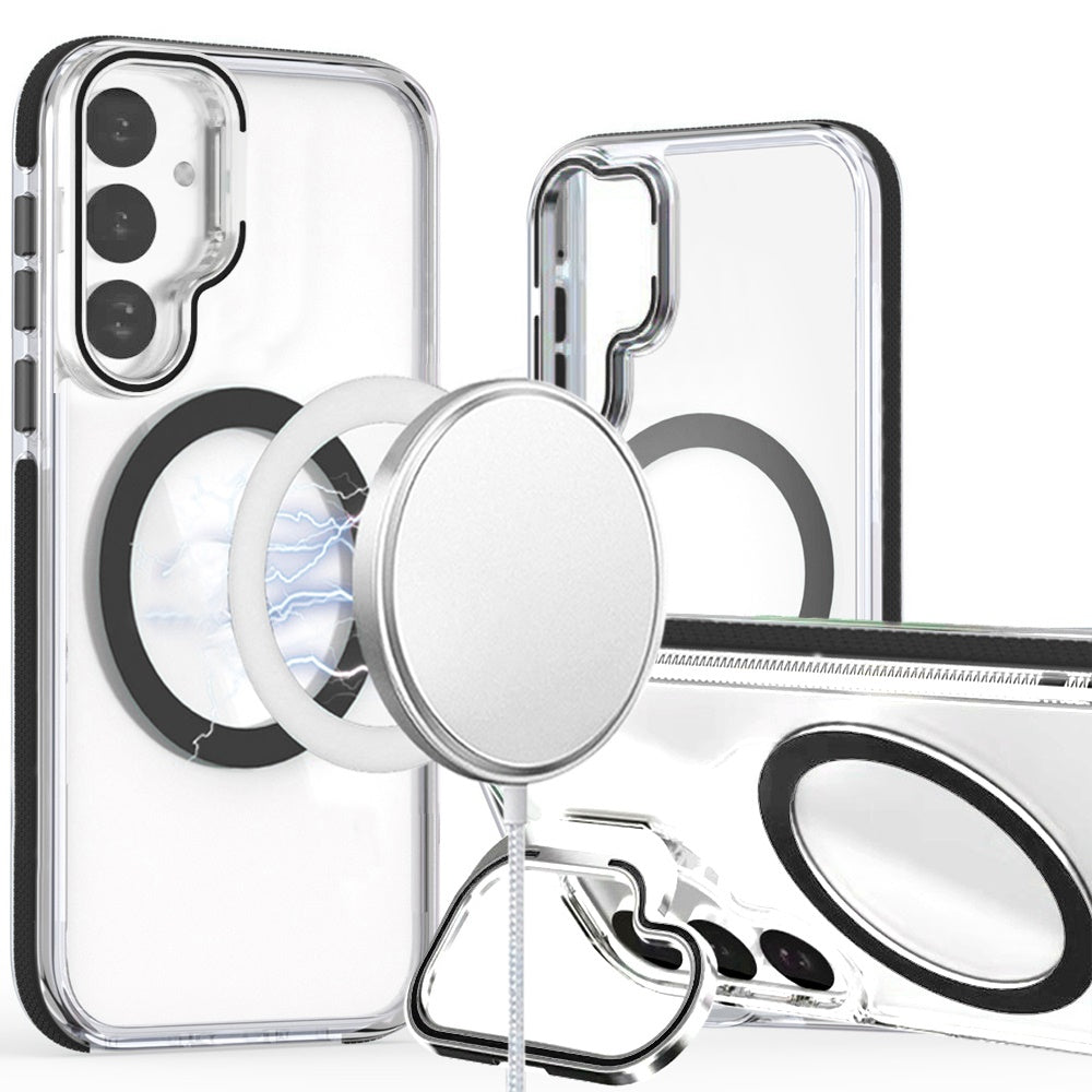 For Samsung Galaxy S25 FE /S25 Fan Edition Hybrid Clear Back Case with Invisible Camera Bracket Stand, MagSafe Magnetic Circle, Shockproof Color Frame Case Cover