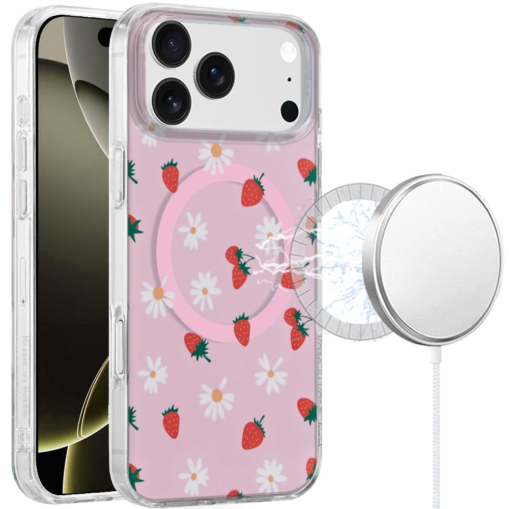 For Apple iPhone 17 AIR Stylish Pattern Fashion IMD Printed Design TPU Double Layer Slim Shockproof with Magnetic Back Case Cover Strawberry Daisy