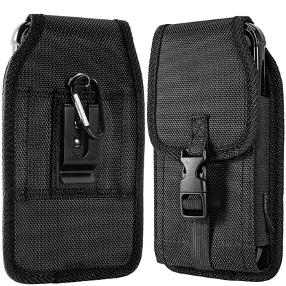 For Apple iPhone 16 Plus (6.7") Universal Pouch Case Horizontal Phone Holster Nylon Cover with Front Buckle, Belt Clip Loop & Hook Carabiner XL [Black]