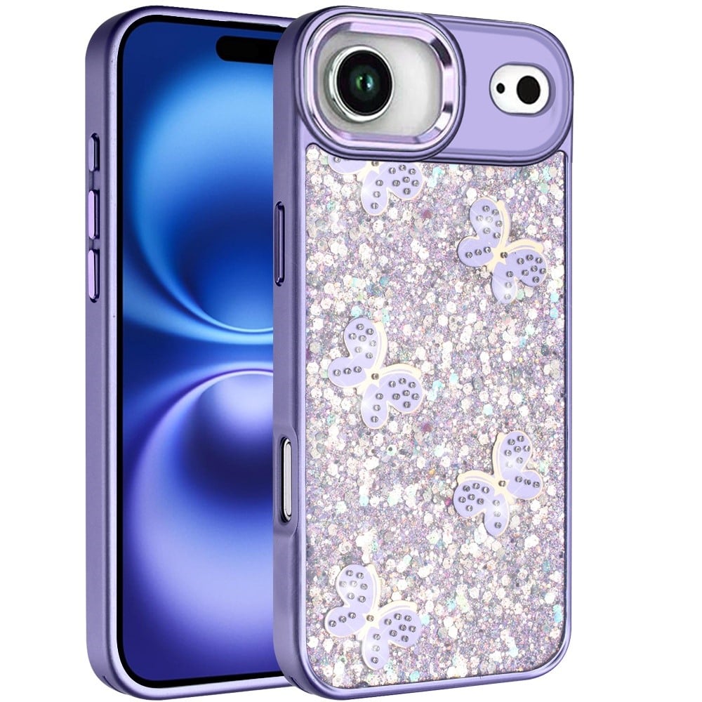 For Apple iPhone 17 Air (6.6") Cute Butterfly Crystal Diamond Glitter Case Sparkle Bling Frame Metallic Edges, Shimmer TPU Hybrid Case Cover