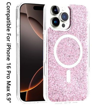 For Apple iPhone 16 Pro Max (6.9") Magnetic MagSafe Wireless Compatible Epoxy Glitter Shiny Sparkle Bling Hybrid Slim PC + TPU Frame Case Cover