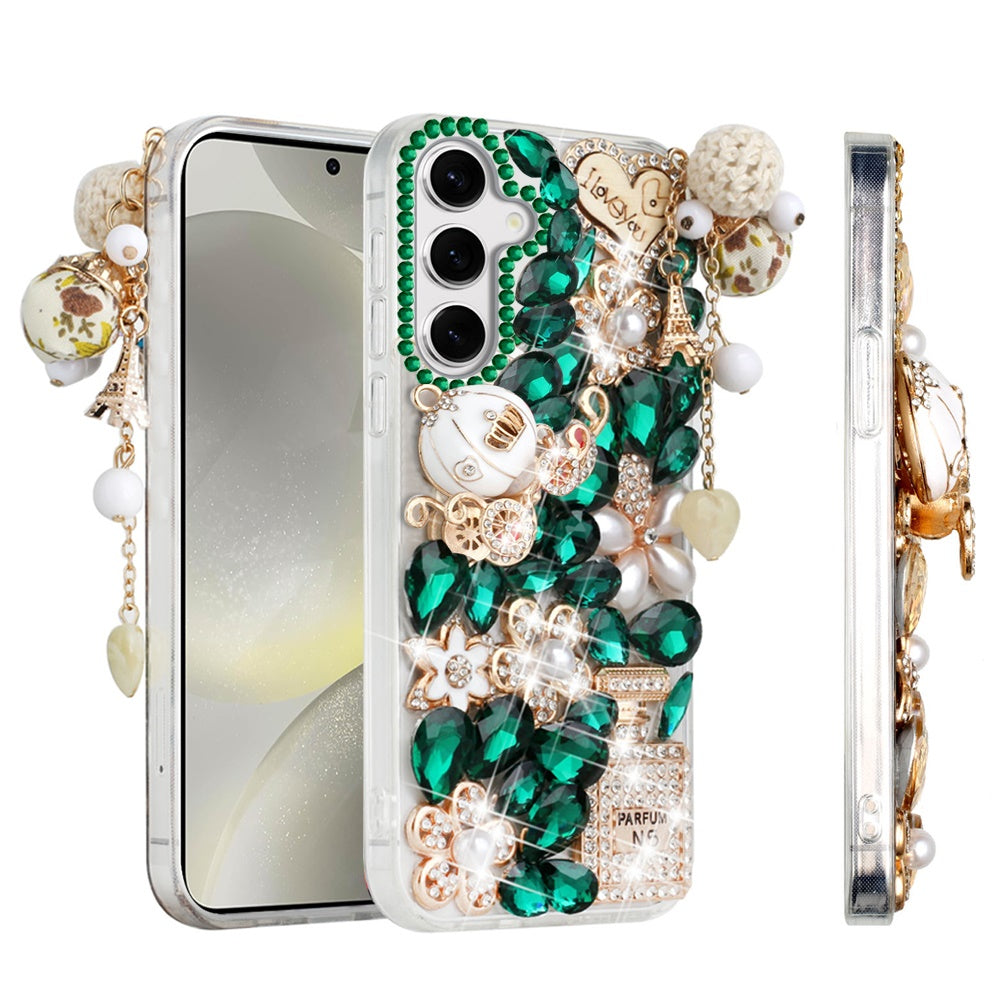 For Samsung Galaxy S25 /S24 Bling Crystal 3D Full Diamonds Luxury Sparkle Rhinestone Hybrid Case Cover Ultimate Multi Ornament Green