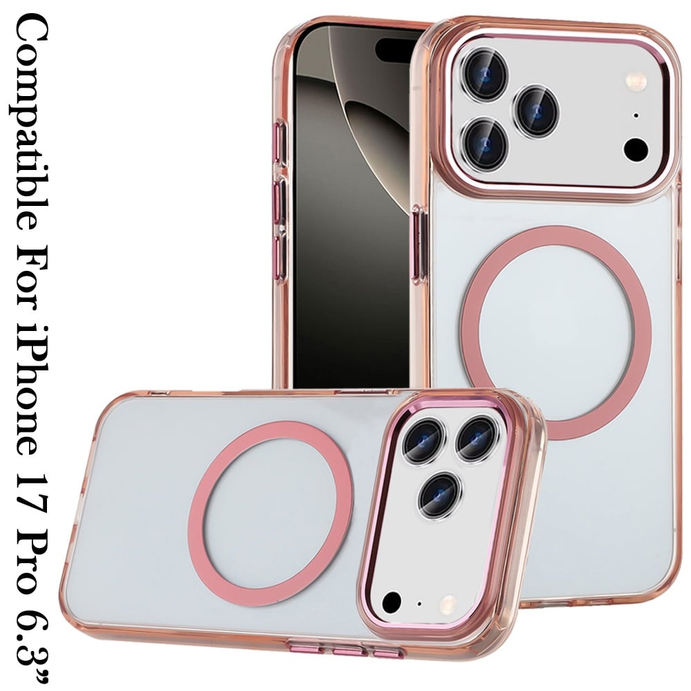 For Apple iPhone 17 Pro (6.3") Transparent Back Hybrid Case - Magnetic Circle, Color Frame, Metal Buttons, MagSafe Compatible Case Cover