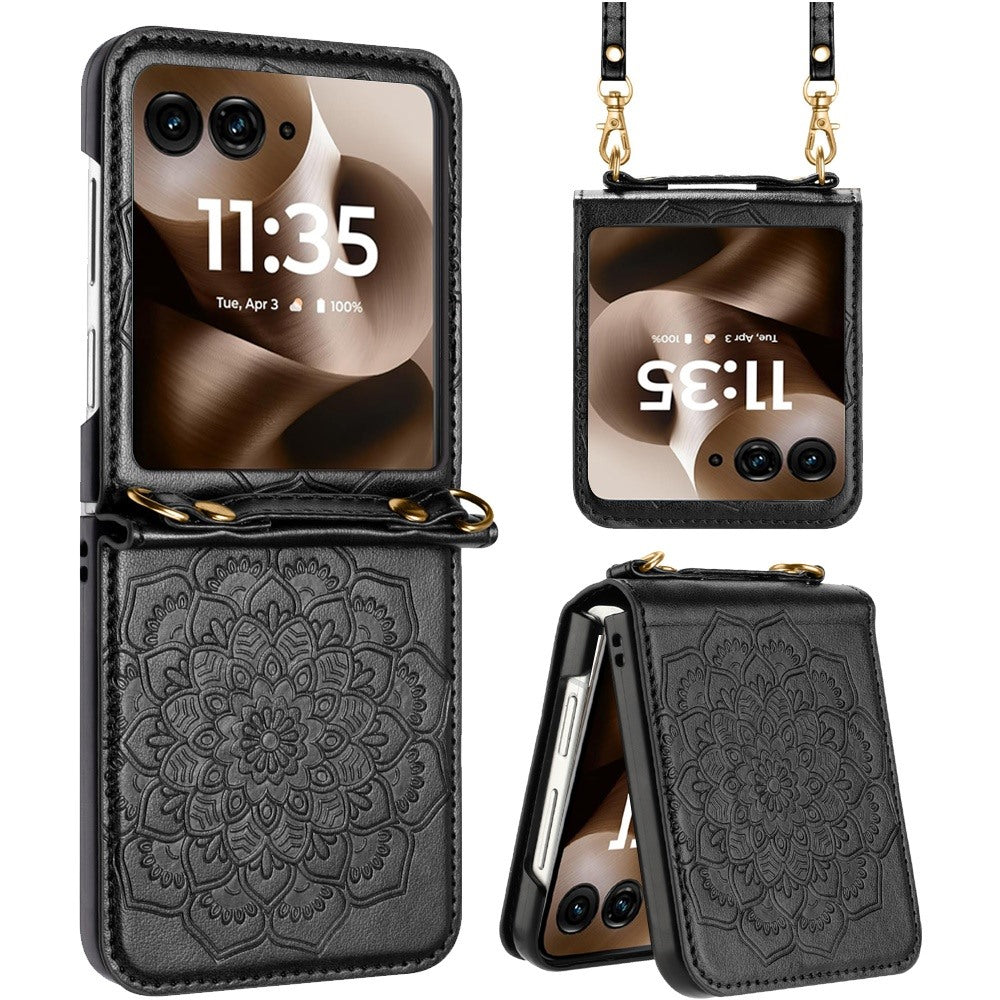 For Samsung Galaxy Z Flip 7 FE Embossed Floral PU Leather Henna Mandala Design Flip Cover with Strap, Hybrid Protective Case Cover Black