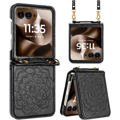 For Motorola Razr+ PLUS (2025 /2024) Embossed Floral PU Leather Henna Mandala Design Flip Cover with Strap, Hybrid Protective Case Cover