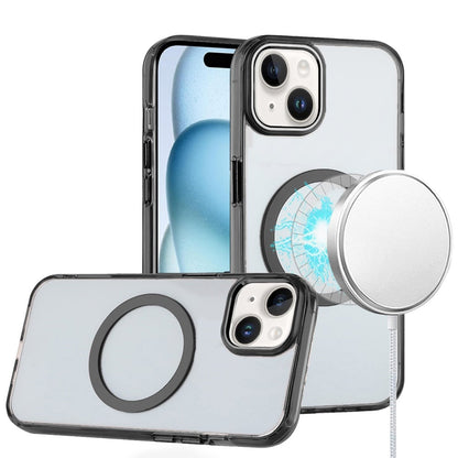 For iPhone 15 Plus (6.7") Transparent Back Hybrid Case - Magnetic Circle, Color Frame, Metal Buttons, MagSafe Compatible Case Cover Cosmic Orange
