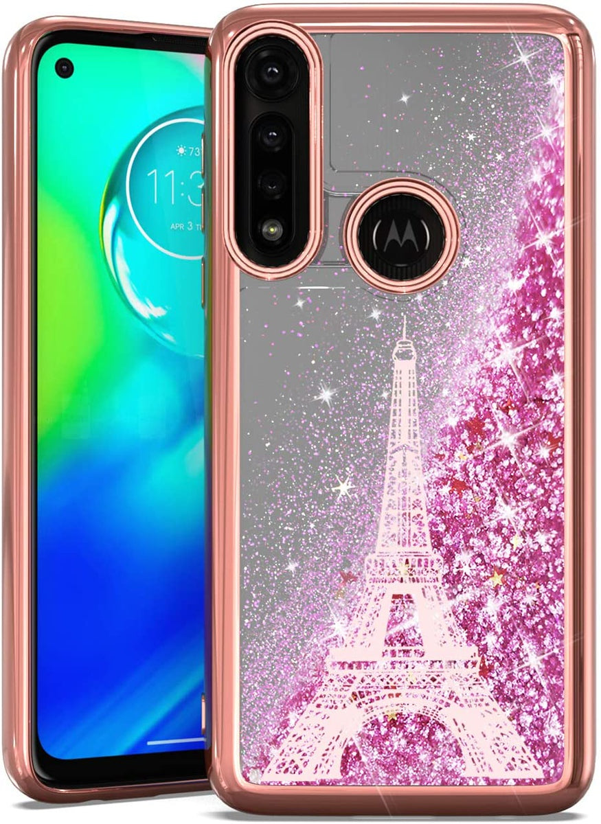 For Apple iPhone 15 Plus (6.7") Quicksand Liquid Glitter Bling Flowing Sparkle Fashion Hybrid TPU Chrome Plating Hard Paris Eiffel Tower Phone Case Cover