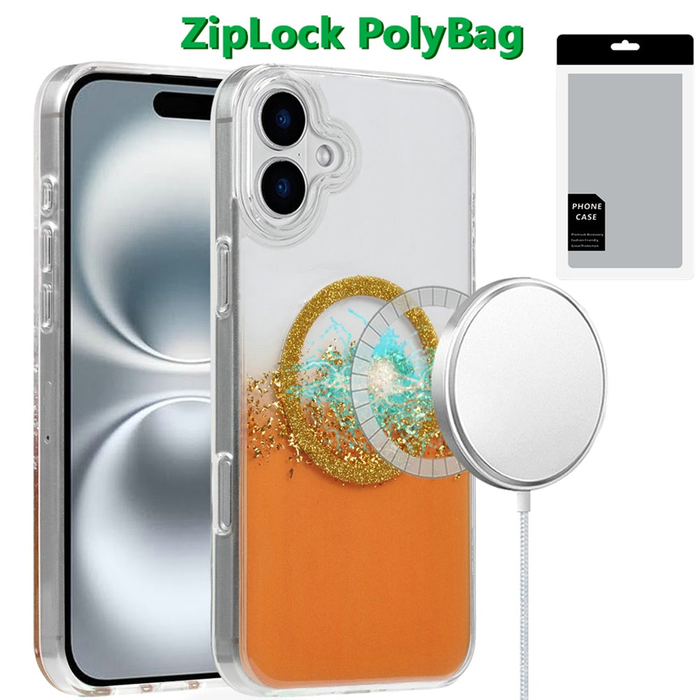 For iPhone 16 (6.1") Glitter Epoxy Transparent Magnetic Hybrid Shockproof Protection Anti Scratch Clear Back Secure Grip Stylish Durable Design Case Cover Orange