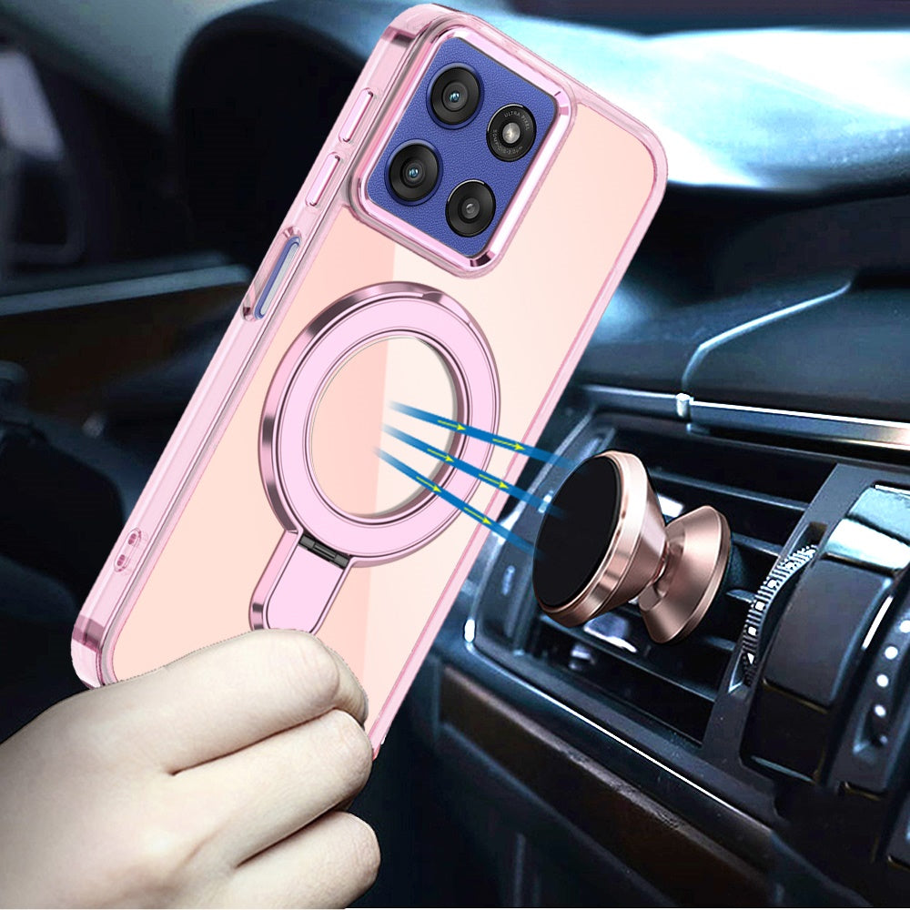 For Motorola Moto G Stylus 5G 2026 /2025 Chrome Hybrid with Rotating Magnetic Circle Ring Stand, Slim Shockproof Hybrid Case Cover Light Pink