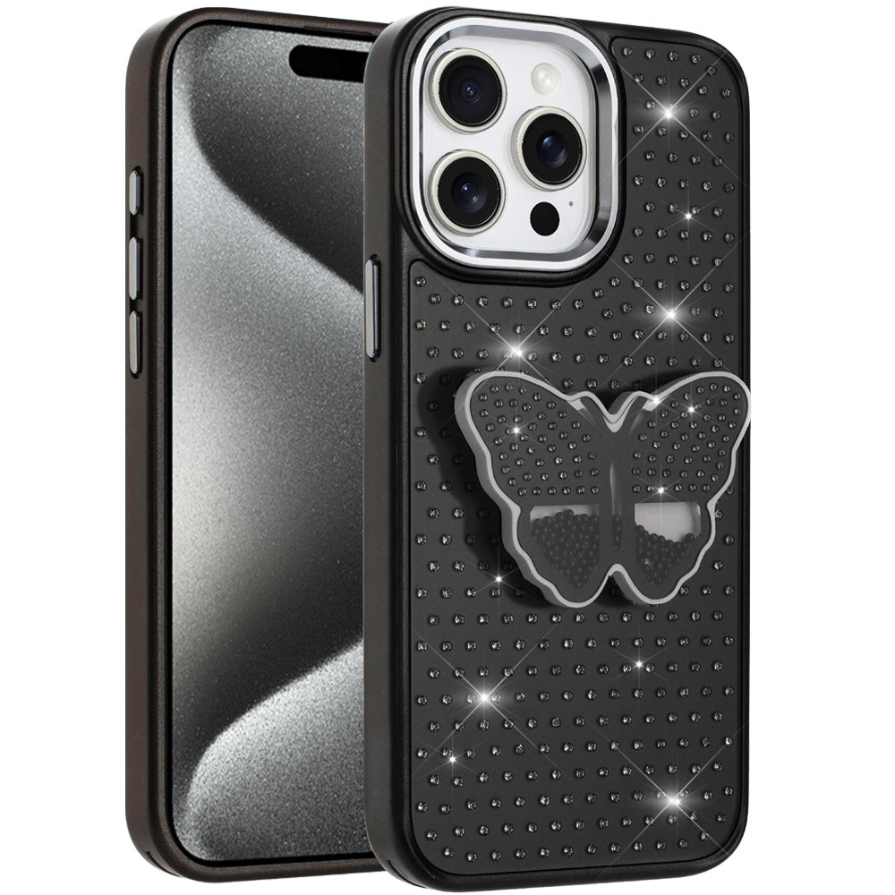 For Apple iPhone 14 Pro Max Butterfly Moveable Grip 3D Pop Stand Full Diamond Bling Sparkling TPU Fashion Hybrid Case Cover