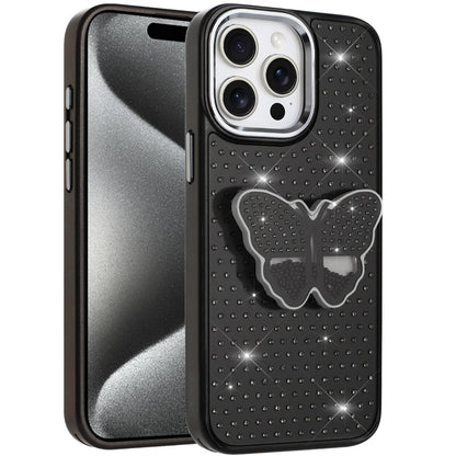 For Apple iPhone 15 Pro Max Butterfly Moveable Grip 3D Pop Stand Full Diamond Bling Sparkling TPU Fashion Hybrid Case Cover