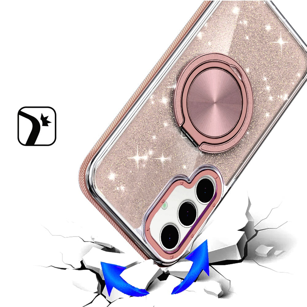 For Samsung Galaxy S25 FE /S25 Fan Edition Slim Bling Glitter Sparkly Shimmer Hybrid with Magnetic Ring and 360° Rotational Stand [Compatible with Magsafe] Case Cover Gold