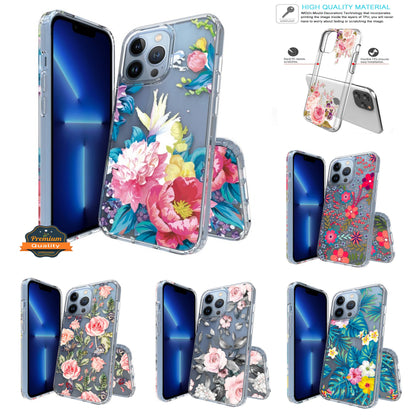 For Apple iPhone 17 Pro Max Floral Pattern Hybrid Transparent TPU Silicone, Shock Absorption Bumper, Hard Back Slim Case Cover