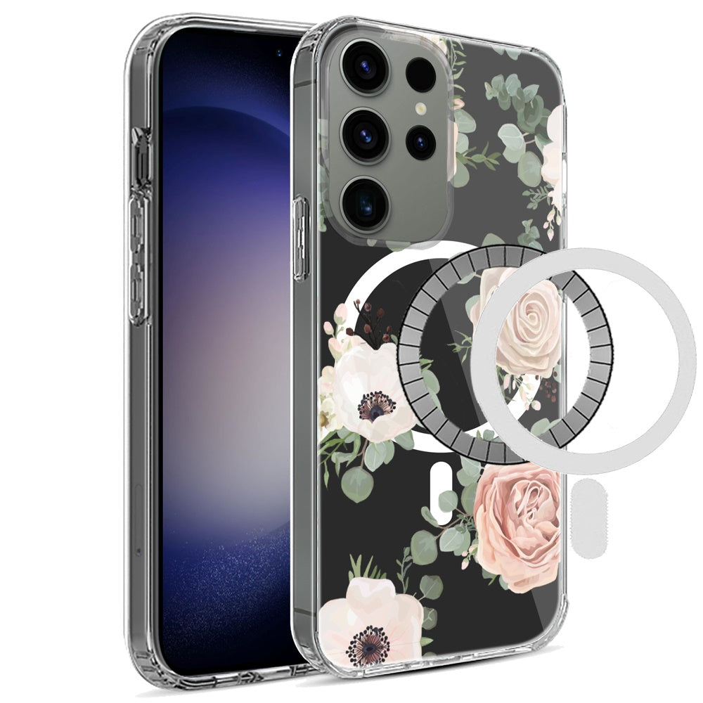 For Samsung Galaxy S24 FE /Fan Edition Hybrid Flower Design Stylish Fashion Thick Hard MagSafe Compatible Shockproof Case Cover