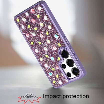 For Samsung Galaxy S26 Floral Design Embedded Glass Diamond Fancy Fashion Glitter Bling Sparkly Hybrid Rugged TPU Bumper Case Cover