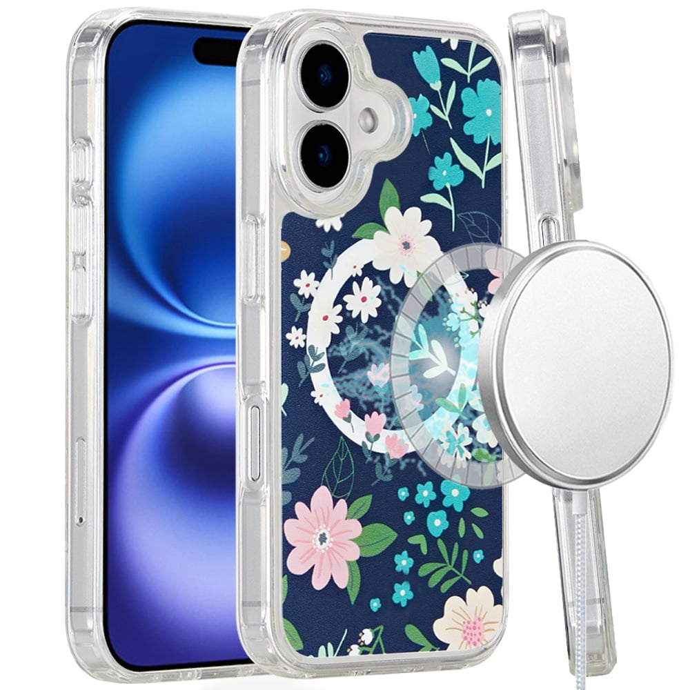 For Apple iPhone 16 Plus Cute Fashion Pattern Design, Durable Shockproof Slim TPU Hard Back, MagSafe Compatible Case Cover Nightly Floral