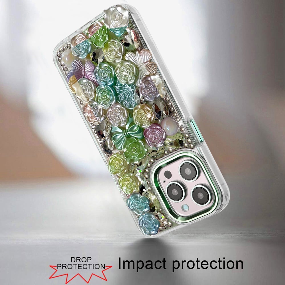 For Apple iPhone 13 Pro Max Muti-Color Floral Fashion Bling Crystal 3D Full Diamonds Stones Sparkle Rhinestone Glitter Hybrid Case Cover Purple