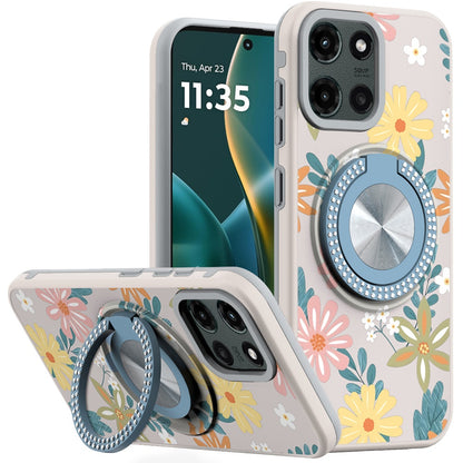 For Samsung Galaxy A16 Pattern Design Hybrid with Invisible Ring Stand & Magnetic Back, Shockproof Protective Grip Case Cover Summer Blossom Flowers