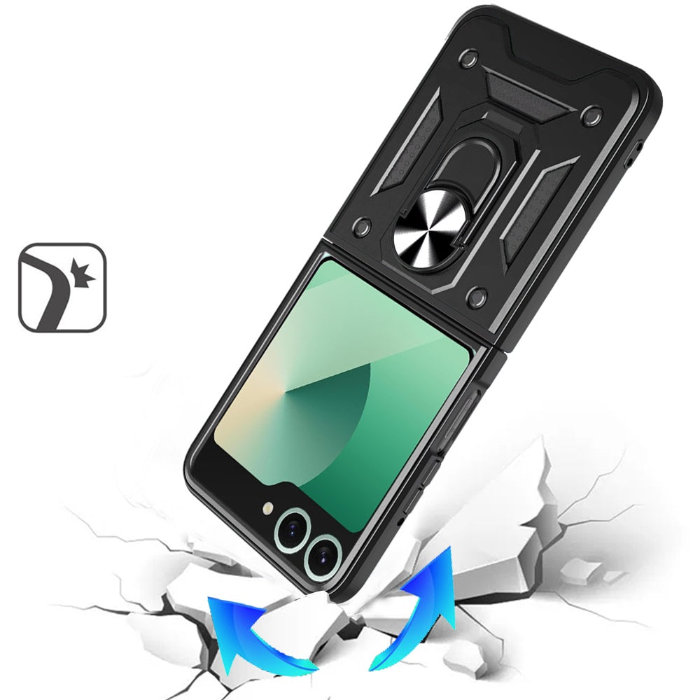 For Samsung Galaxy Z Flip 7 Hybrid Case with Slide Camera Lens Cover, Ring Kickstand, Heavy-Duty Dual Layer TPU, Fit Magnet Car Mount Case Cover
