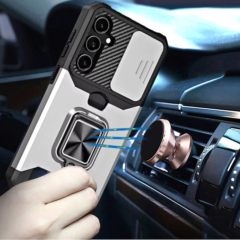 For Samsung Galaxy A26 Wallet Case with Ring Stand & Slide Camera Cover Back Credit Card Slot Holder, Military Grade Case Cover Silver