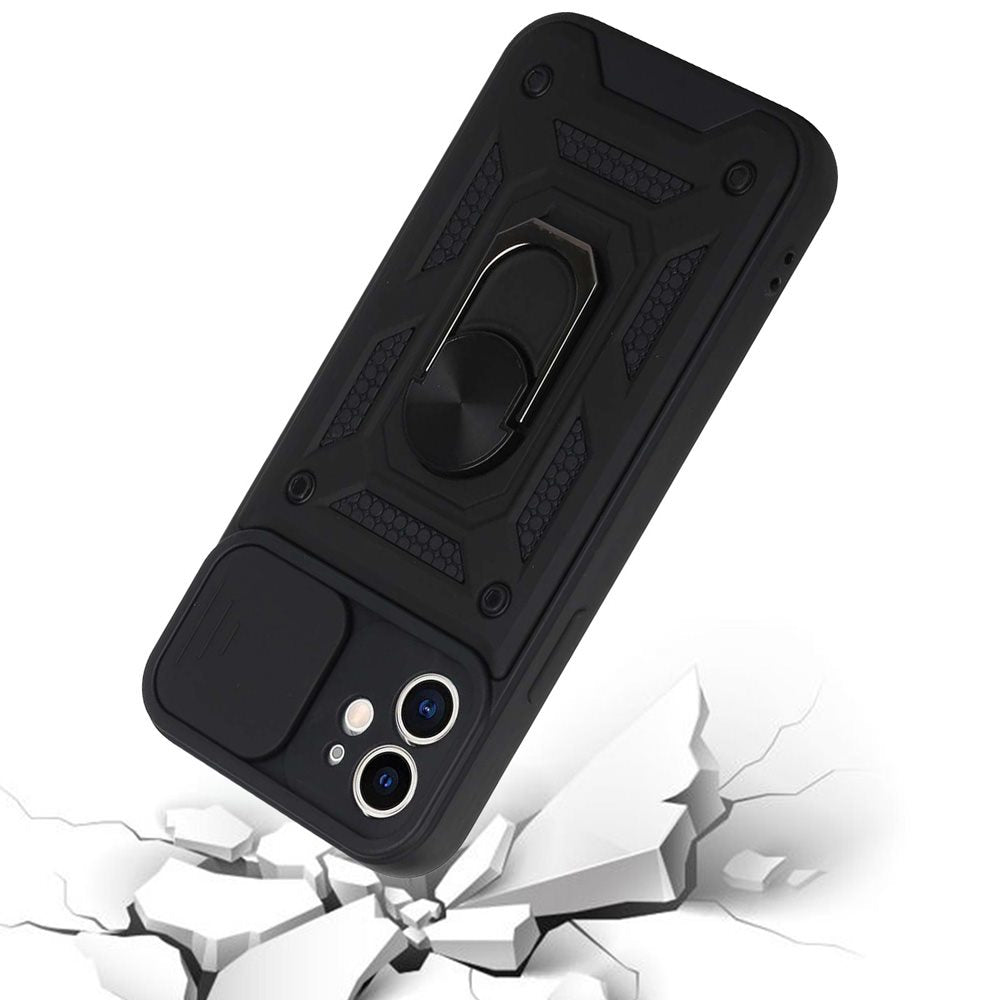 For Apple iPhone 11 Hybrid Case with Slide Camera Lens Cover, Ring Kickstand, Heavy-Duty Dual Layer TPU, Fit Magnet Car Mount Case Cover Black