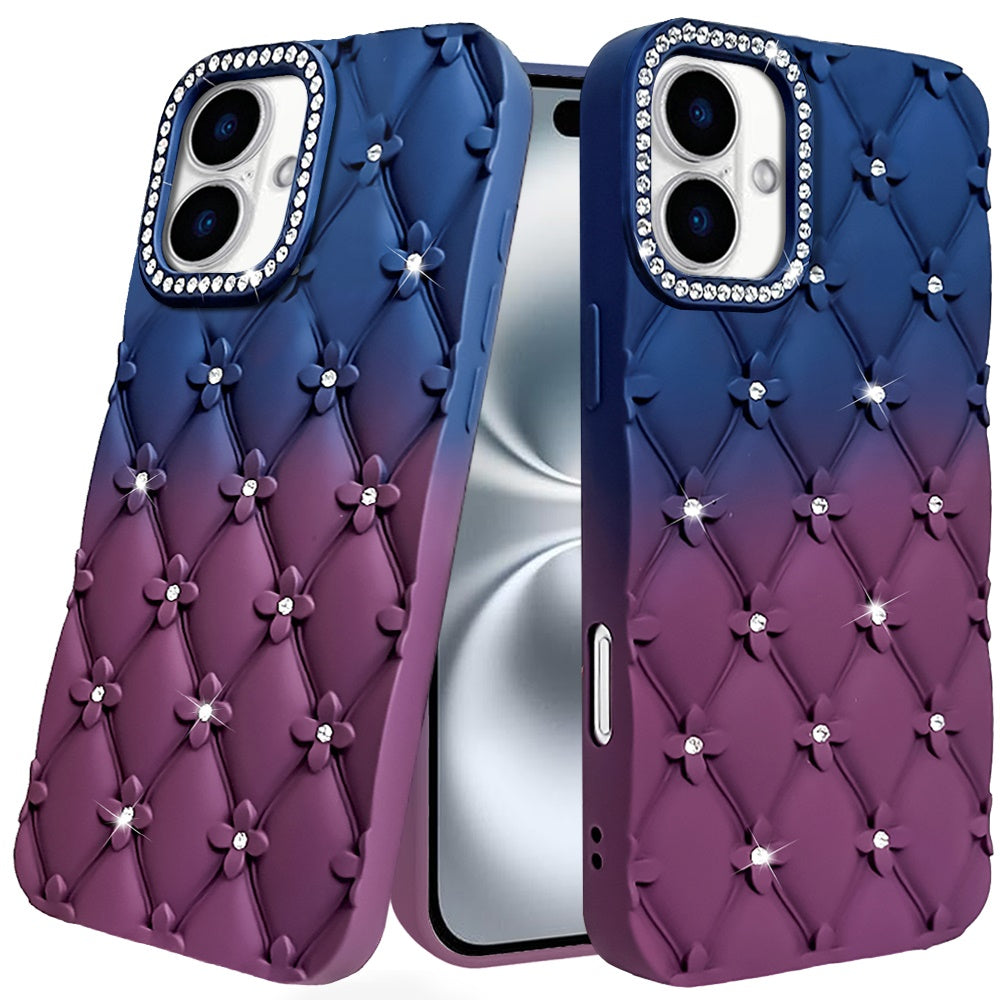 Phone Case for iPhone 15 (6.1") Floral Glitter Shimmer Bling Hybrid Shockproof Anti Slip Thick TPU Protective Stylish Design Cover Dark Blue/Burgundy