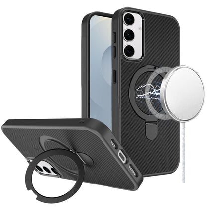 For Samsung Galaxy S26 Hybrid Carbon Fiber Design with MagSafe Compatible [Magnetic Circle], Ring Stand Shockproof Slim TPU Case Cover