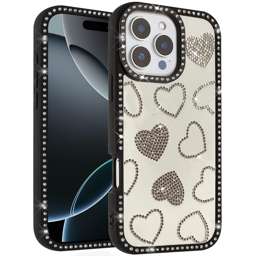 For iPhone 16 Pro Max (6.9") Spread Love Glitter Shimmer Bling Diamond Edge Hybrid Drop Protection Shockproof Design Case Cover