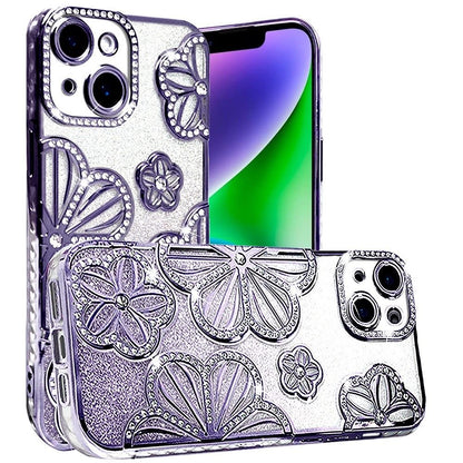 For iPhone 14/13 (6.1") Luxury Flower Design Sparkle Glitter Diamond Rhinestone Shimmer Bling Plating Thick TPU Hard PC Case Cover