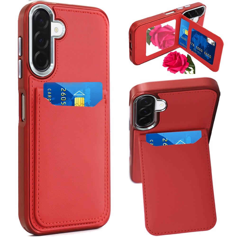 For Samsung Galaxy A17 5G PU Leather Wallet Cover with Credit Card Holder, Kickstand & Mirror Inside Slim Fit TPU & PC Hybrid Design Case Cover