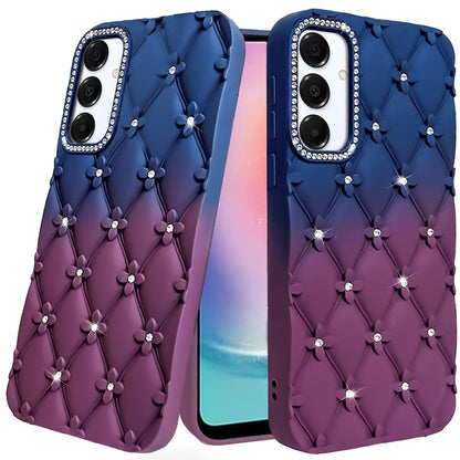 For Samsung Galaxy A26 Fashion Flower Design Sparkle Glitter Shimmer Rhinestone Bling Floral Accents, Leather Texture TPU Case Cover