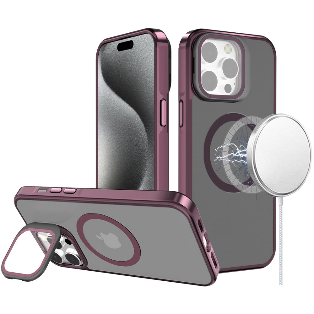 For Apple iPhone 16 (6.1") Tough HQ Hybrid Case with Aluminum Frame Camera Stand, Compatible with MagSafe, Translucent Matte Shockproof Case Cover