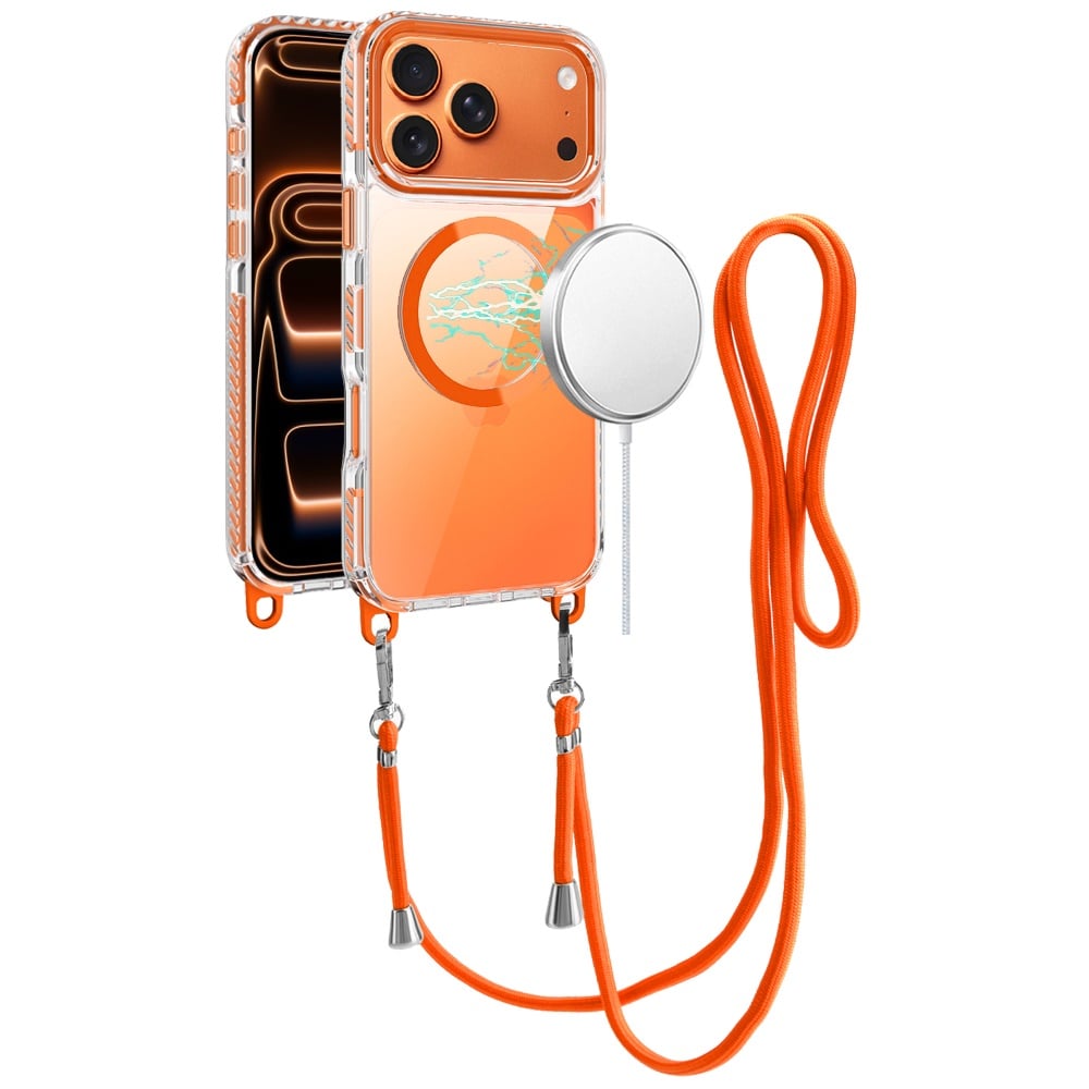 For Apple iPhone 17 Pro (6.3") Clear Magnetic Frame PC Back Shockproof Protective Case with Detachable Lanyard Strap, Compatible with MagSafe Case Cover Cosmic Orange