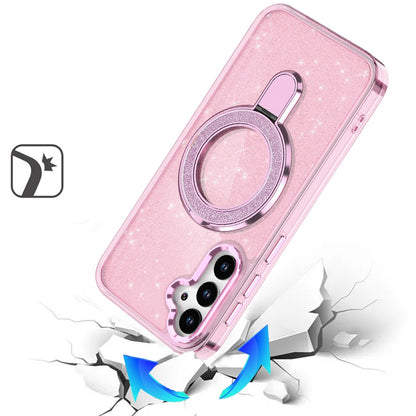 Phone Case for Samsung Galaxy S25 FE, S25 Fan Edition Transparent Glitter Bling Magnetic Ring Stand Shockproof Anti Slip Rotating Grip Protective Hybrid Durable Armor Cover Light Pink